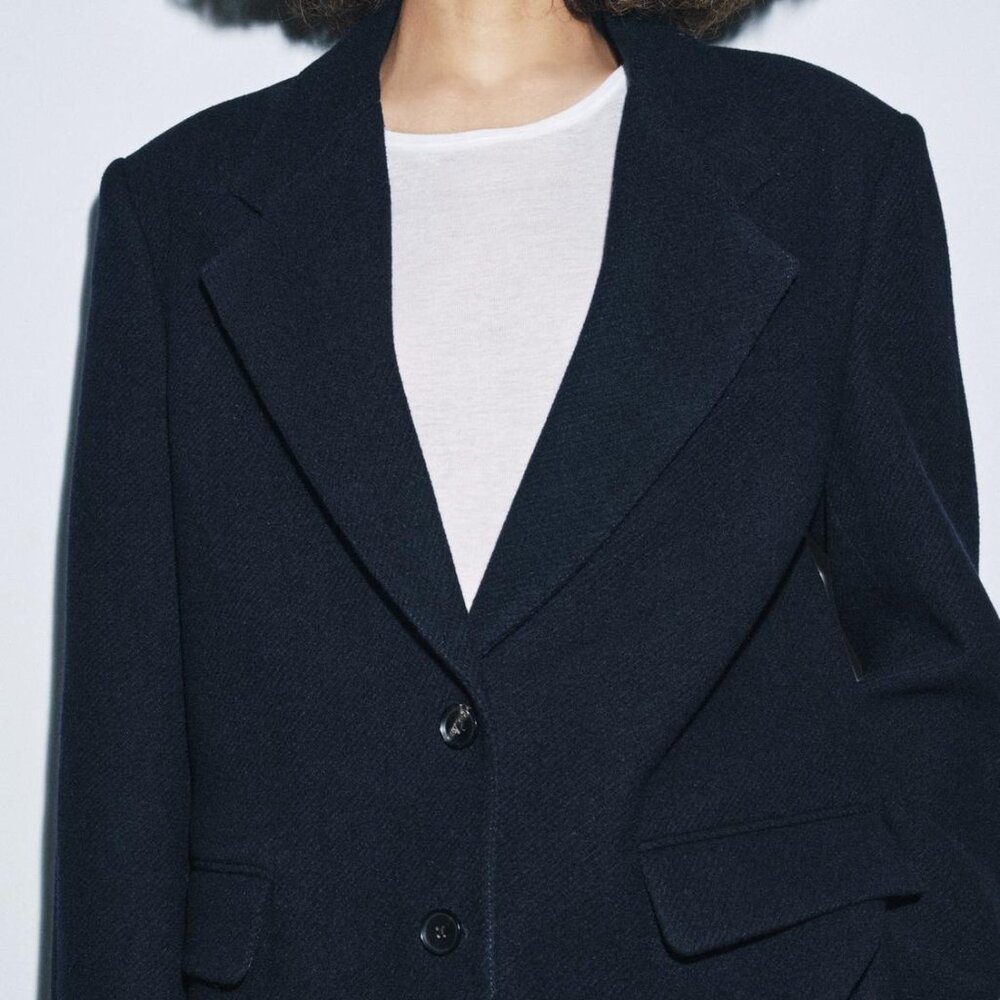 Zara ZW Collection Oversized Wool Blazer Navy Blue Size L Tailored Workwear NWT